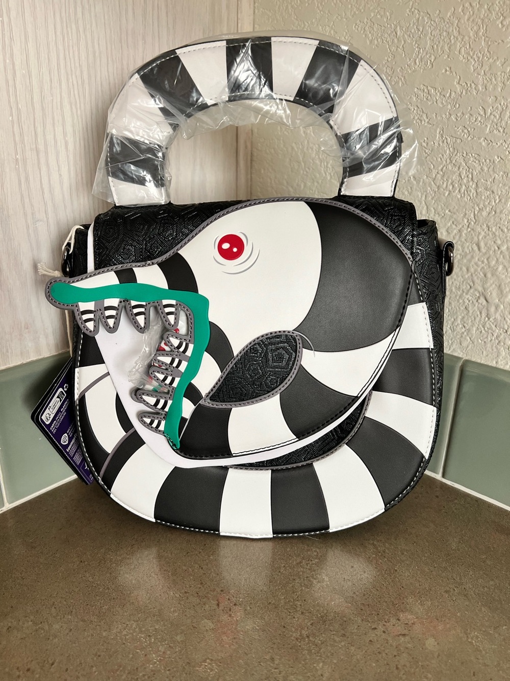 Loungefly Black & White Striped Fish-Accent Shoulder Bag with Teal Detail